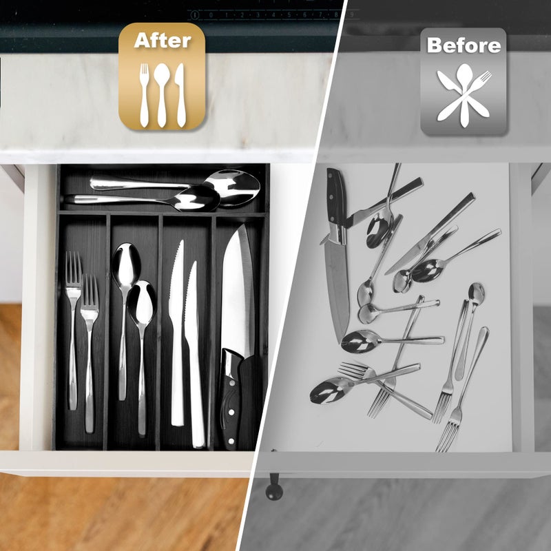 Conflech Silverware Organizer Bamboo Kitchen Drawer Organizer Utensil Organizer Silverware Holder Cutlery Organizer in drawer Flatware Organizer Tray (Black 5 Slots) - Image 3